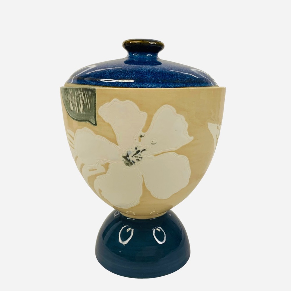 Blue Tan Palm Floral Handpainted Small Pot